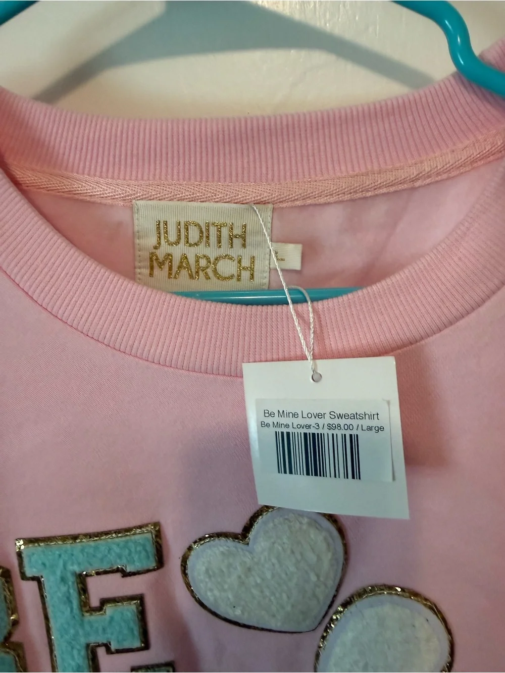 Judith March Pink 'Be Mine' Aqua Sparkle Appliqué Sweatshirt - Picture 3 of 3